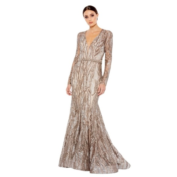 Mac Duggal Embellished Long Sleeve Plunge Neck Gown 79358 Gold Formal 16 - Picture 1 of 16